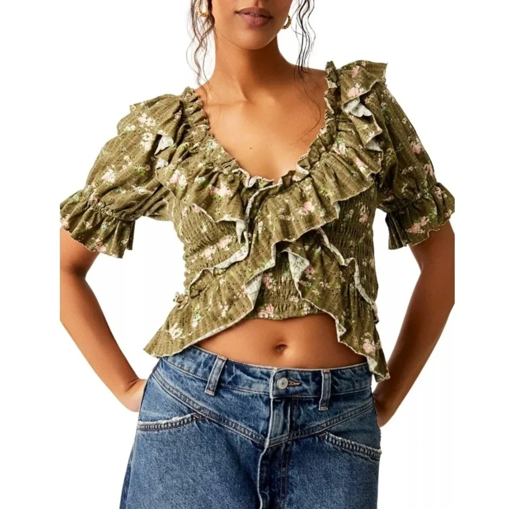 Free People Olive Floral Smocked Eyelet Ruffle Crop Top Boho Prairie Women Large